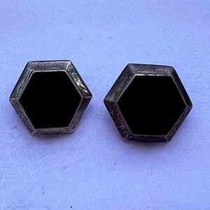 Taxco Mexico Earrings 925 Sterling Silver Vintage Black Onyx Clip On hectagon